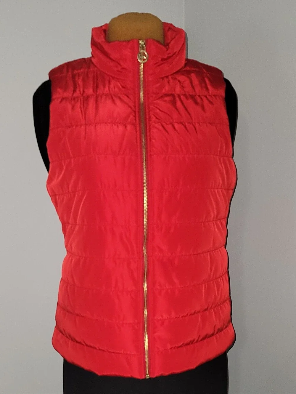 Michael Kors Red Quilted Puffer Vest with Gold Hardware and Side Seam Pockets